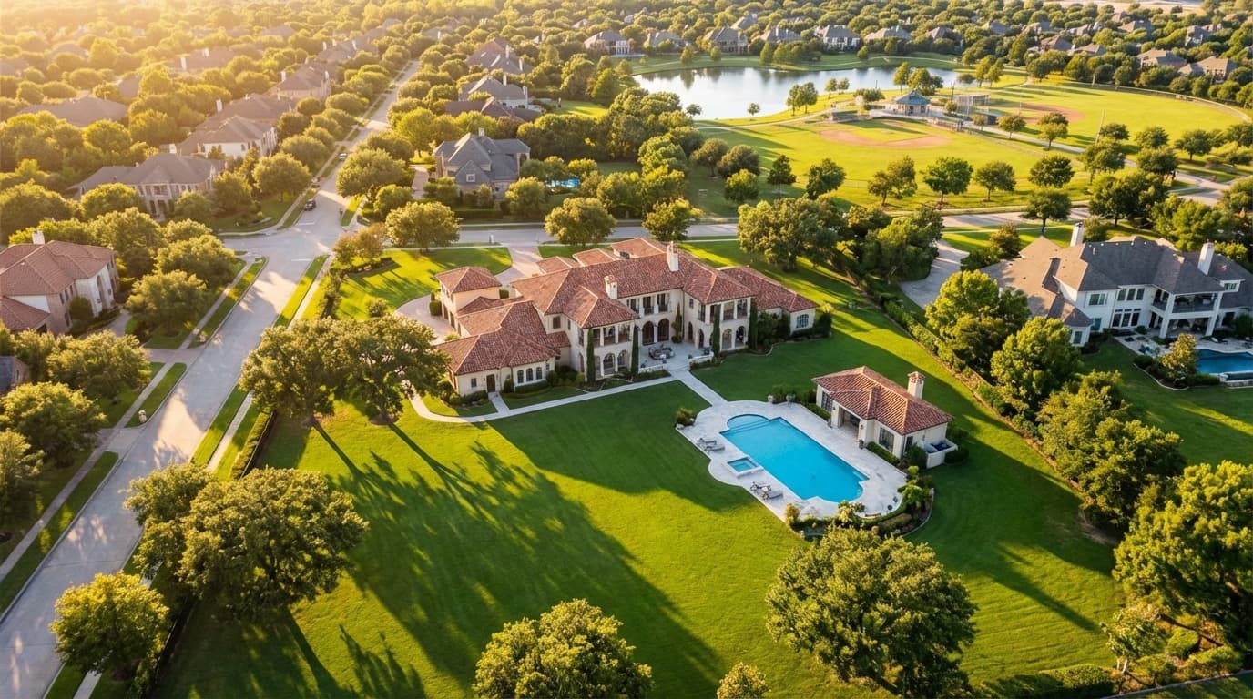Aerial drone photography of residential property showing house roof lot and neighborhood context