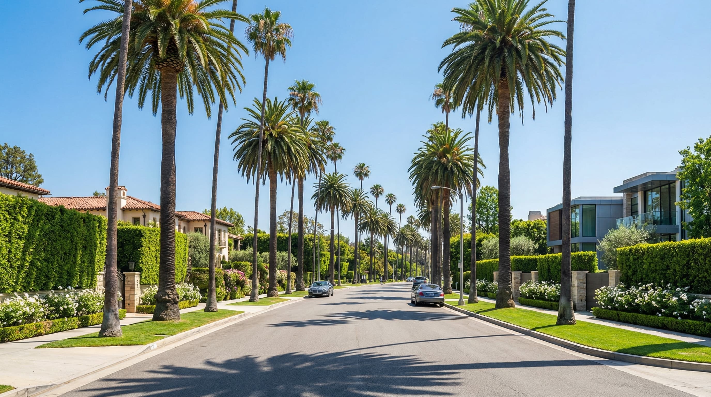 Prestigious Beverly Hills California palm-lined residential street with elegant Mediterranean mansions and manicured hedges