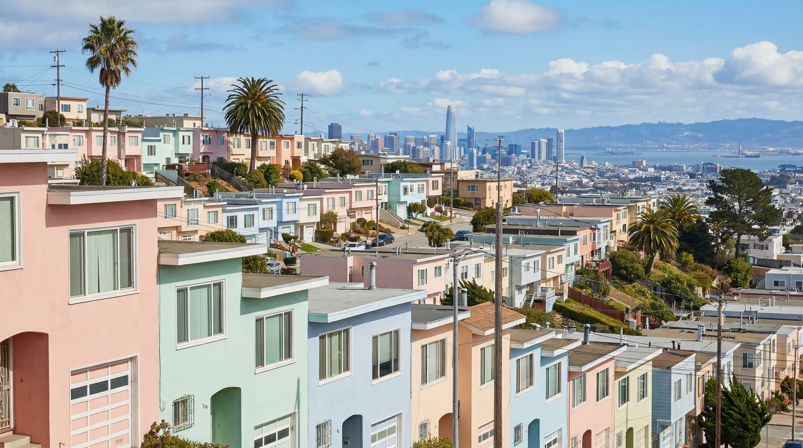 Daly City California Westlake neighborhood with distinctive pastel row houses on hillside