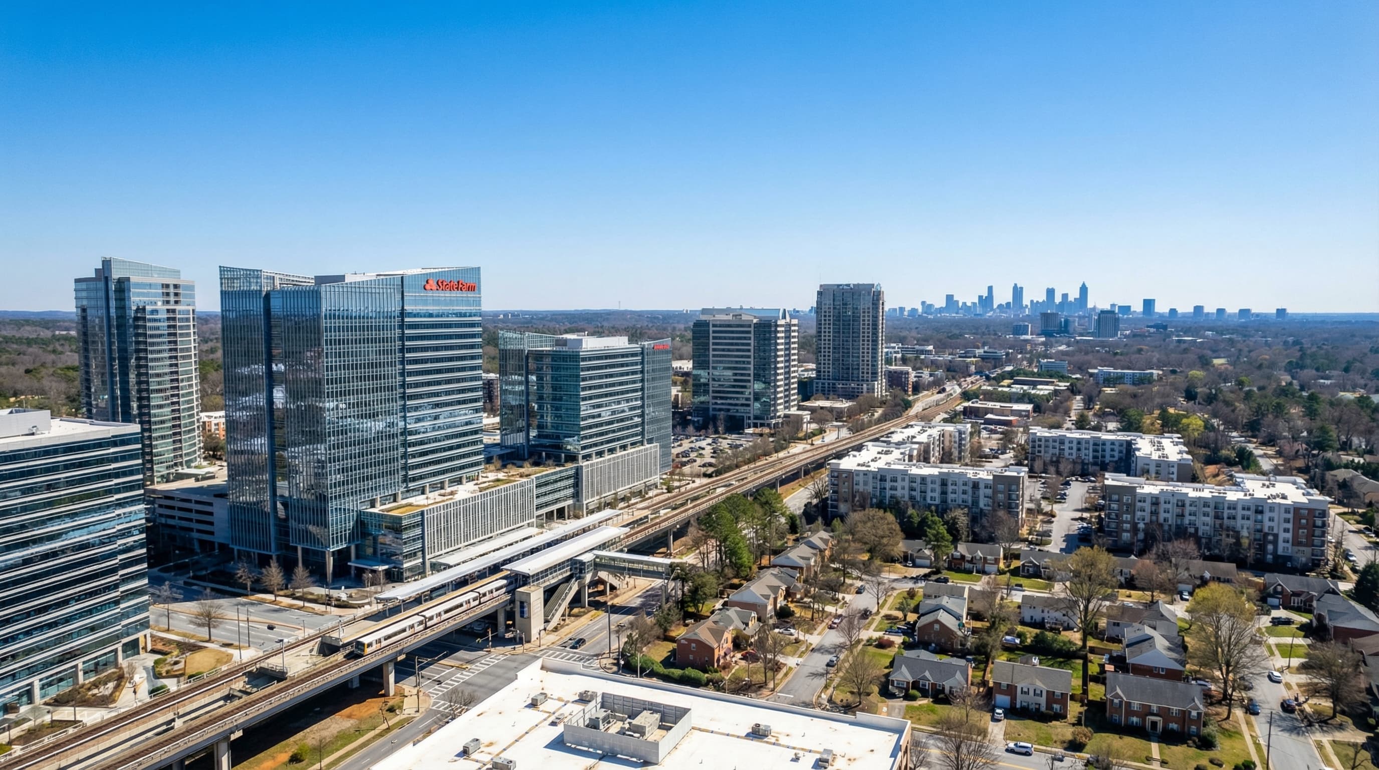 Dunwoody Georgia Perimeter Center skyline with MARTA station and mixed-use development