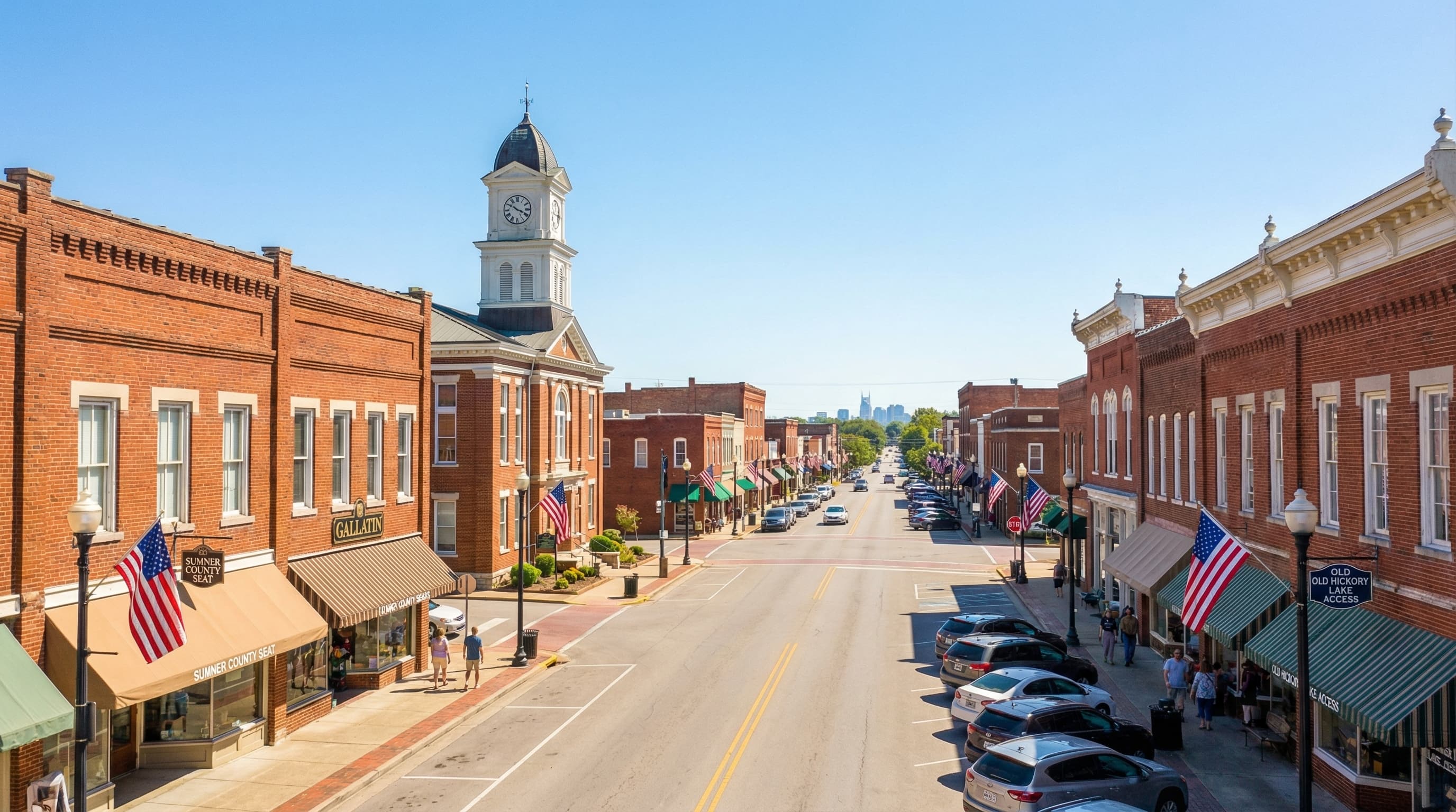 Gallatin Tennessee historic downtown square with Old Hickory Lake and suburban neighborhoods