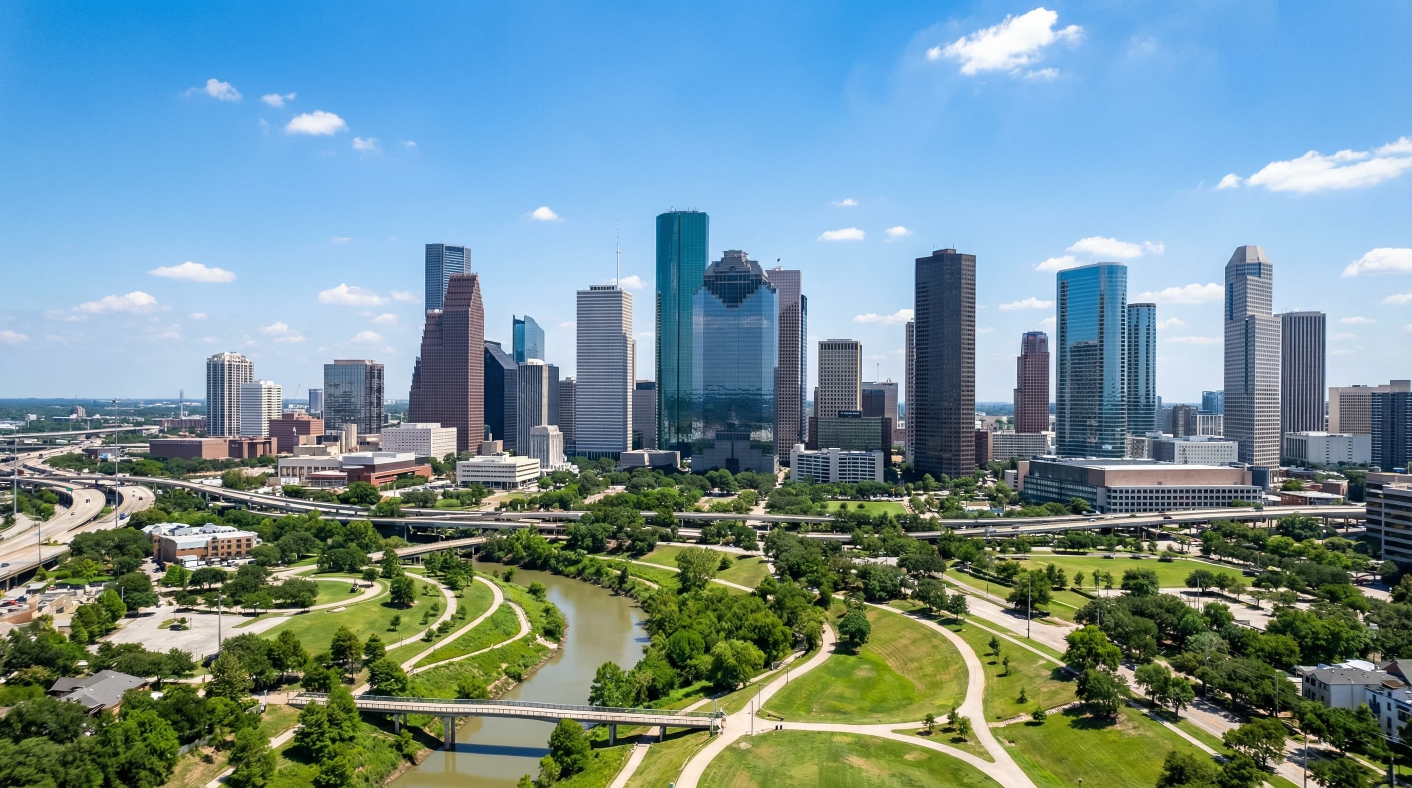 Aerial view of Houston Texas skyline with downtown skyscrapers, Buffalo Bayou, and sprawling suburbs at sunset