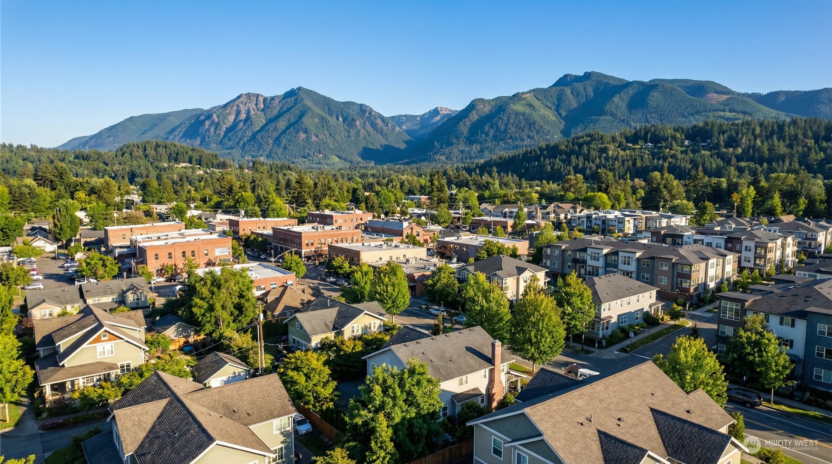 Issaquah Washington with historic downtown Gilman Village, Tiger Mountain backdrop, and Issaquah Alps hiking trails