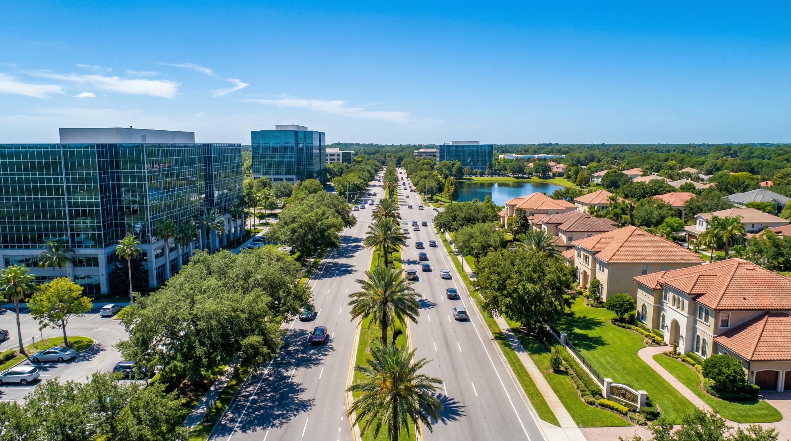 Lake Mary Florida Colonial Town Park with downtown development and Seminole County skyline