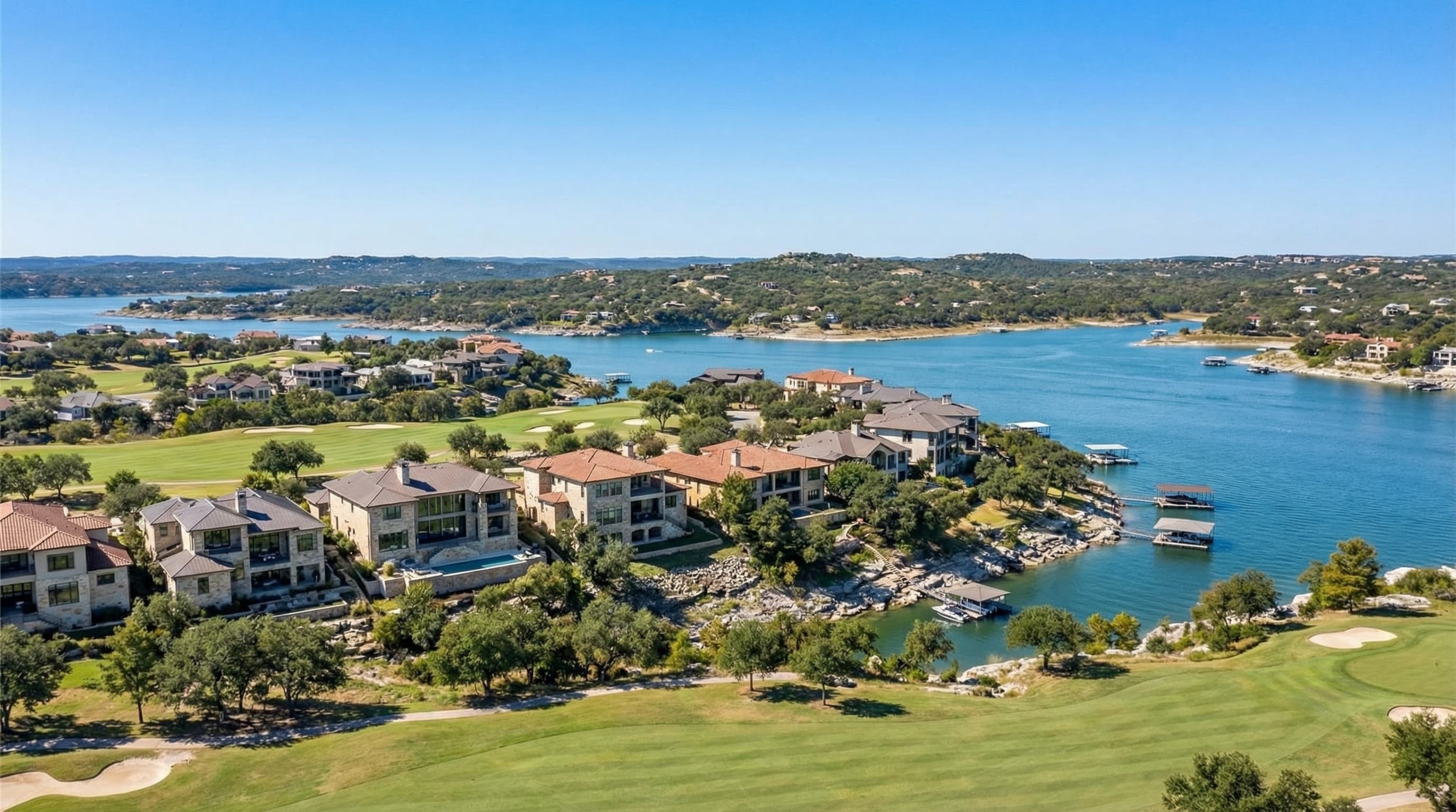Lakeway Texas luxury waterfront homes on Lake Travis with Hill Country limestone cliffs and marina