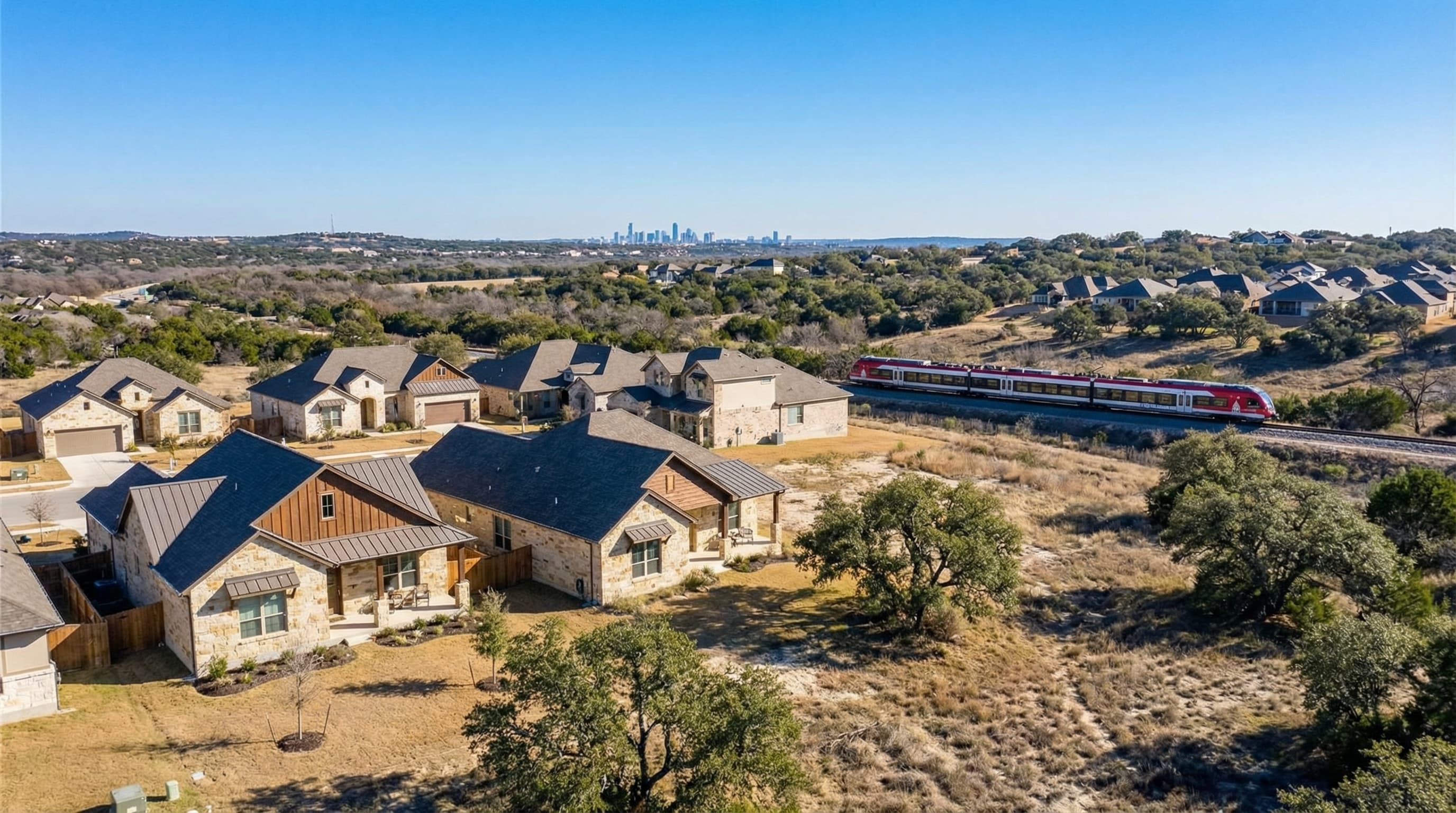 Leander Texas Hill Country homes with Capital Metro rail station and limestone terrain