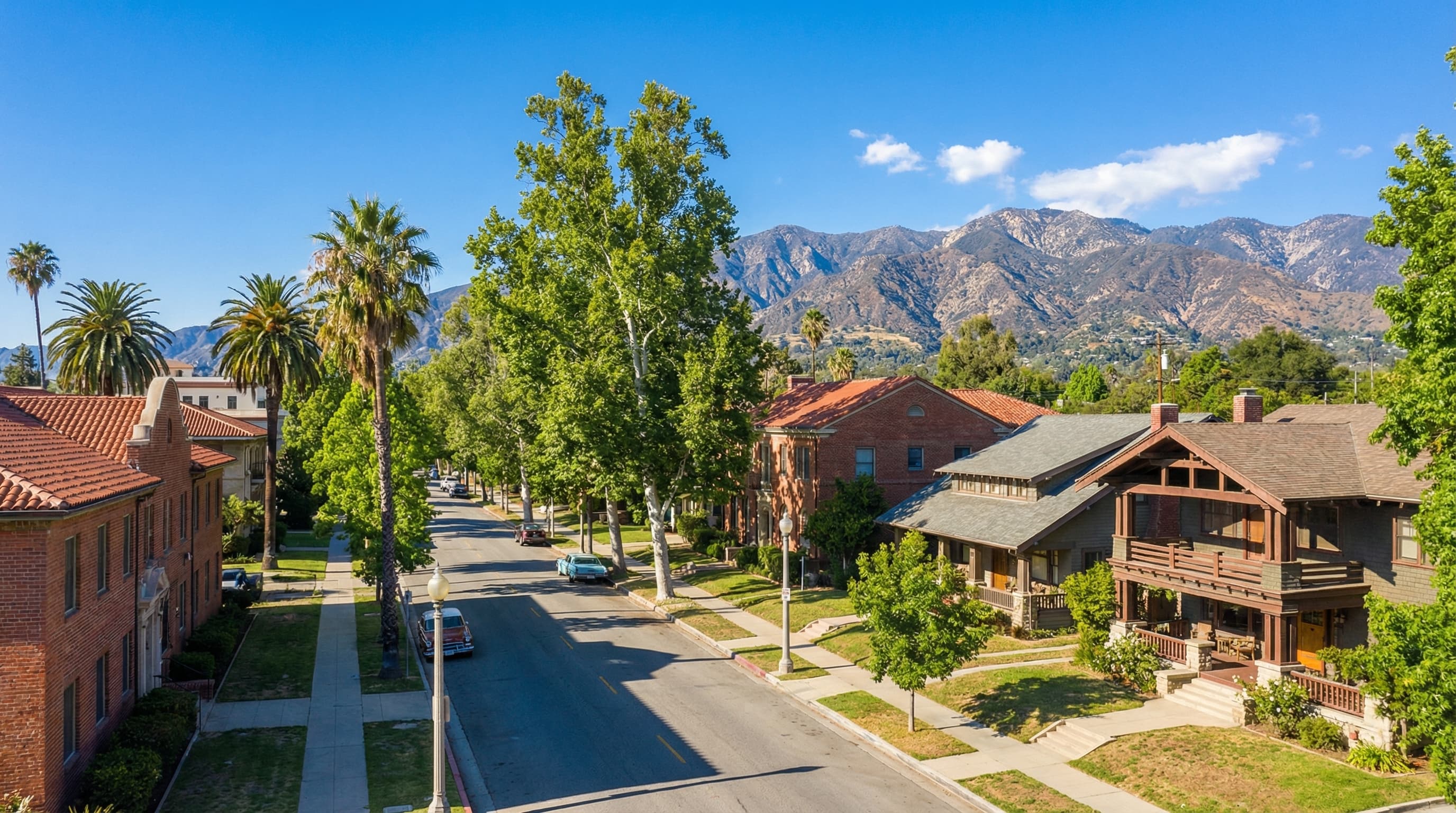 Historic Old Town Pasadena California with charming craftsman homes and San Gabriel Mountains backdrop