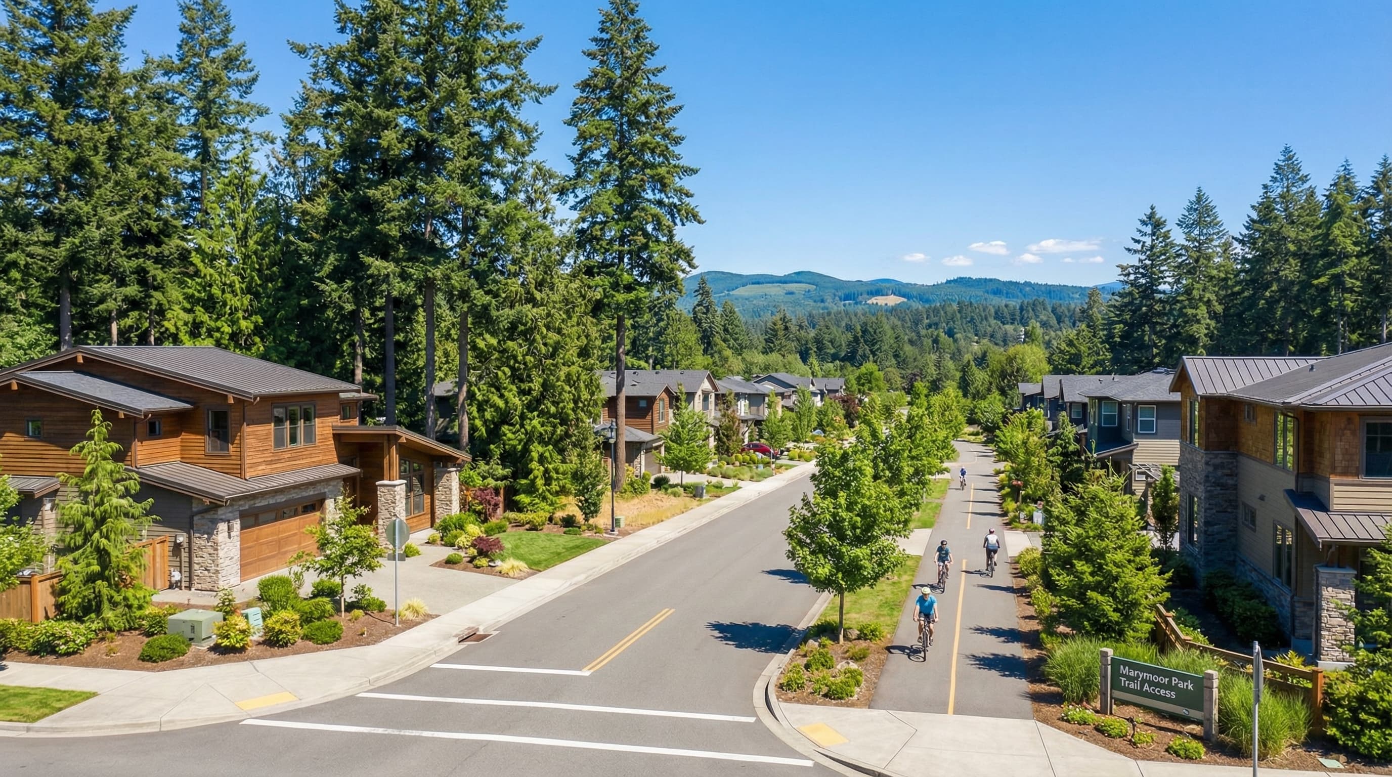 Redmond Washington tech hub with Microsoft campus, bike trails, and Sammamish River surrounded by Pacific Northwest forest