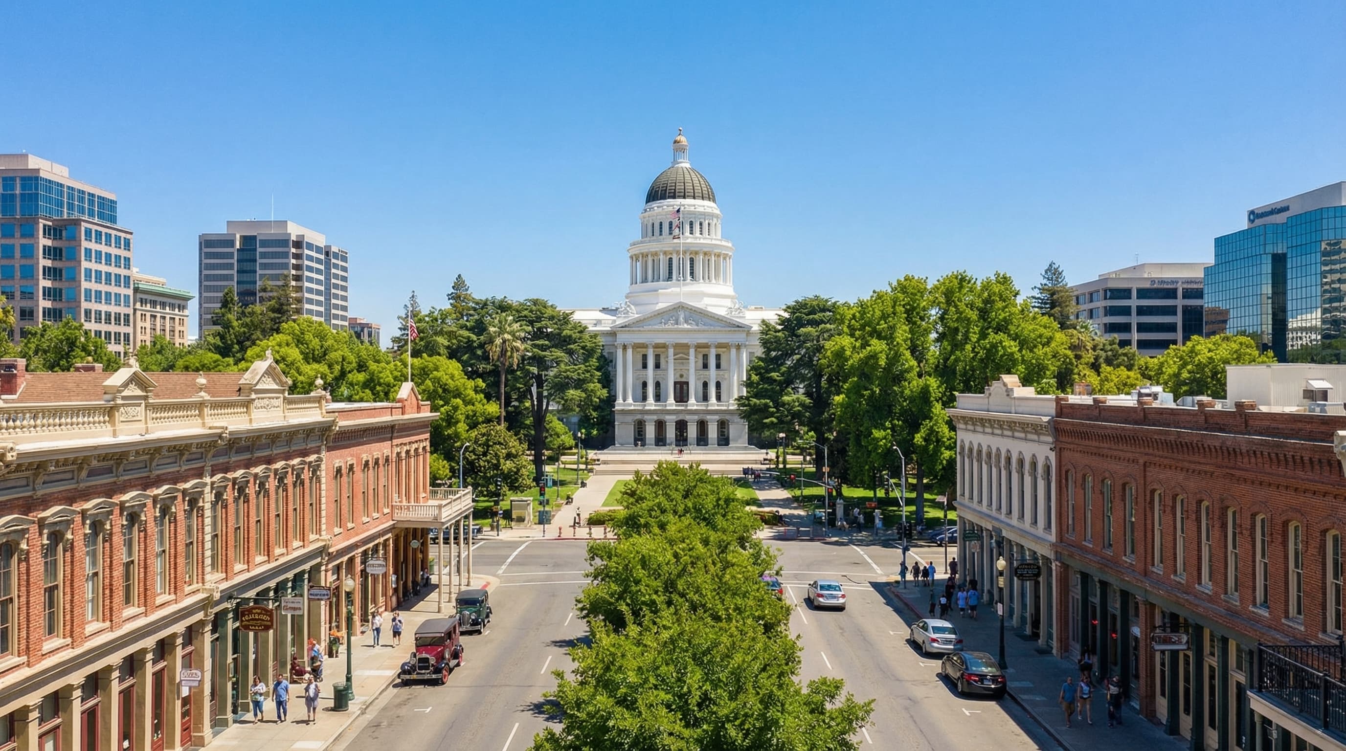 Historic downtown Sacramento California with State Capitol dome, tree-lined Capitol Mall, Victorian architecture of Old Sacramento, and modern skyline on a bright sunny day