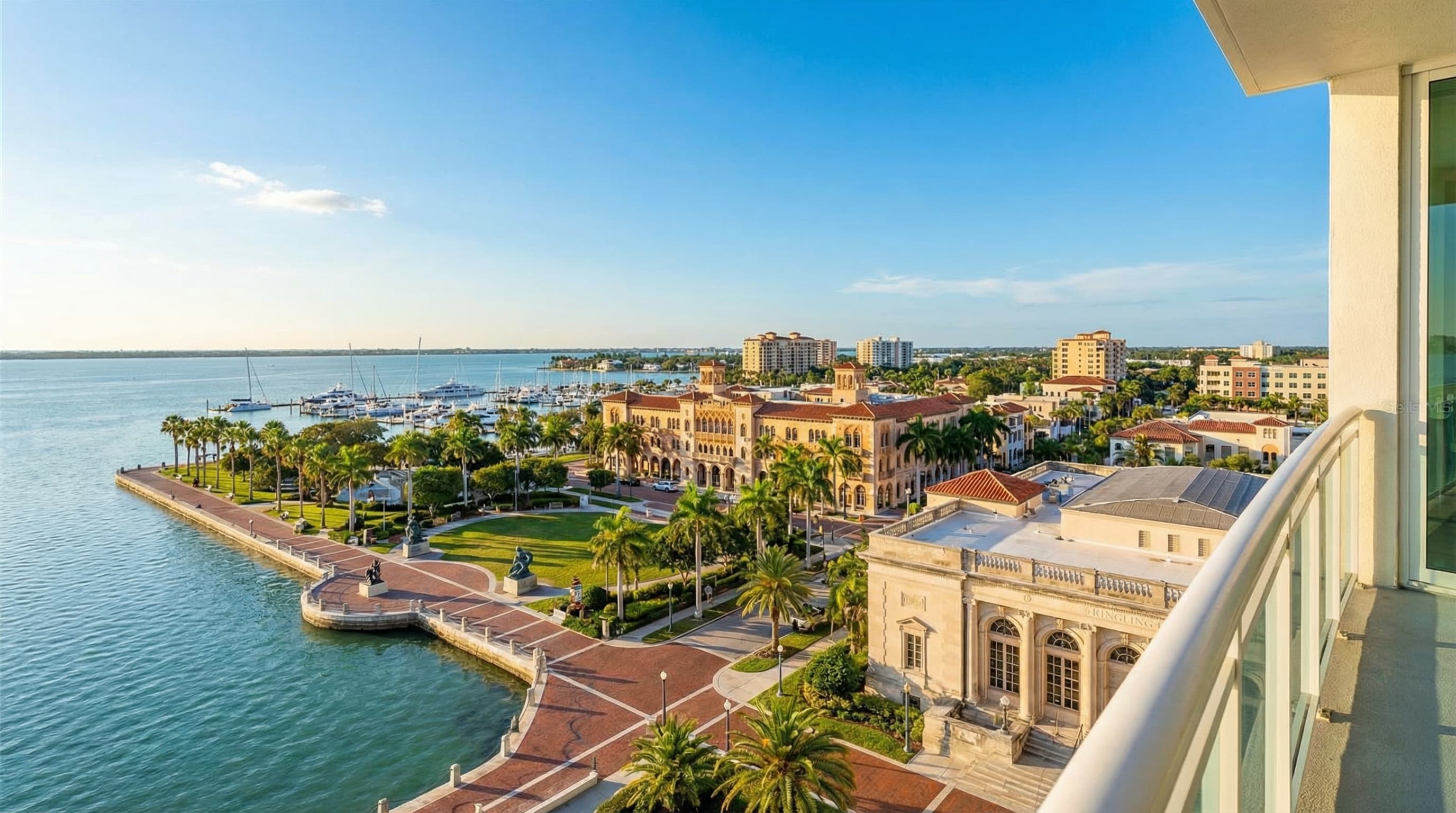 Sarasota Florida waterfront with St. Armands Circle, Lido Key beaches, and Ringling Museum area