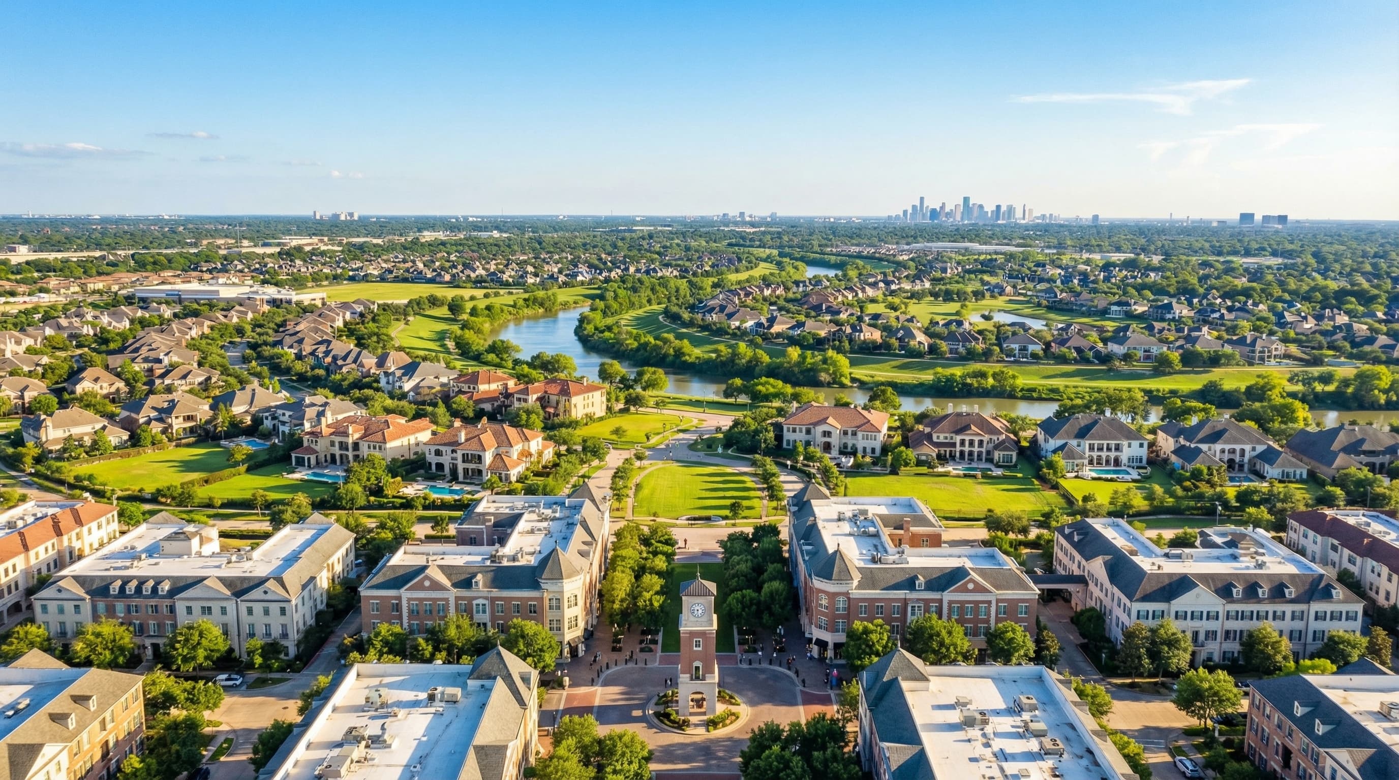 Sugar Land Texas master-planned homes with Town Square entertainment district and Fort Bend amenities