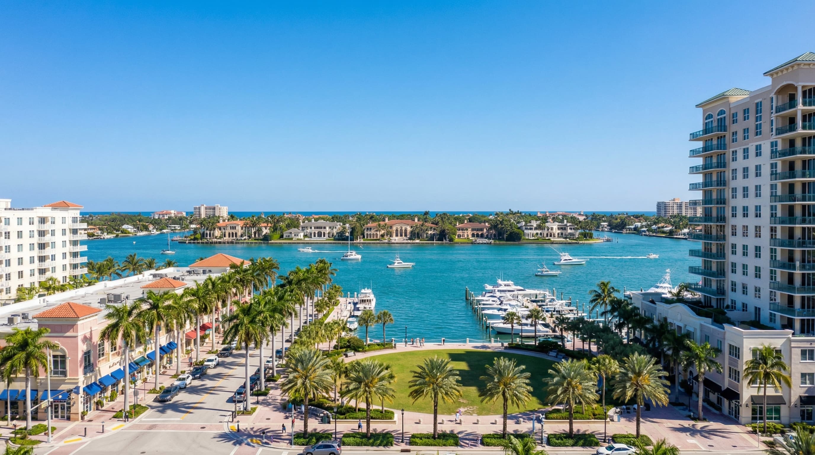 West Palm Beach Florida downtown skyline with Intracoastal Waterway and Palm Beach Island views